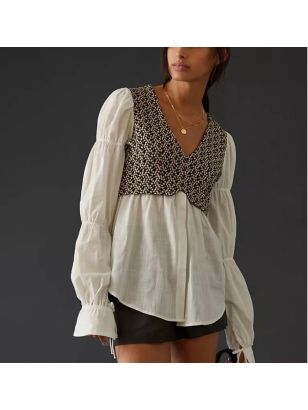 Free People Anthropologie Black Cream Jacquard Puff Sleeve Blouse Medium